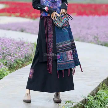 2023 летняя новая китайская национальная стильная традиционная женская изящная винтажная хлопчатобумажная льняная юбка с тяжелой вышивкой и кисточками в стиле пэчворк