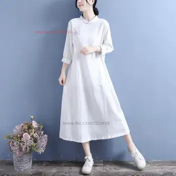 2023 китайское винтажное платье улучшенное ципао хлопчатобумажное льняное платье с национальной цветочной вышивкой чонсам восточный чайный сервиз ципао