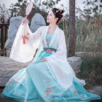Китайская юбка Hanfu 6 метров, Бело-голубой цветочный костюм, Платье Феи, Косплей, Традиционный фестиваль, современная одежда для женщин и девочек
