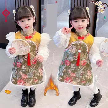 Зимнее Новогоднее платье для девочек, Детский хлопковый костюм Чонсам с вышивкой в стиле Тан, Детская Китайская милая одежда Ципао с хлопковой подкладкой