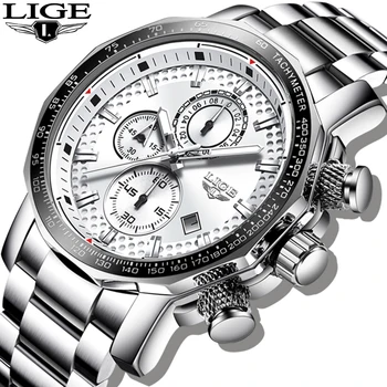 LIGE Серебряные часы с большим циферблатом, Мужские Спортивные Кварцевые часы, Модные Мужские часы, Лучший бренд класса Люкс, Мужские Военные Водонепроницаемые Хронографы 2021