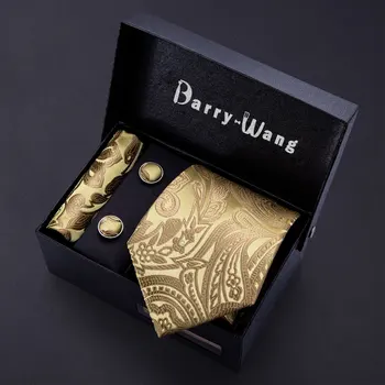 Золотой мужской галстук, Шелковый галстук с Пейсли, карманный квадратный подарочный набор Barry.Wang Роскошный дизайнерский Галстук на шею для мужчин, Мужской Gravat Wedding BB-5150