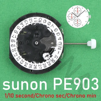 PE903 механизм sunon PE90 фарфоровый кварцевый с тремя стрелками и 3 глазами ＆Дата Маленький хронограф Секунда ＆ Минута, 1/10 секунды pe903-3